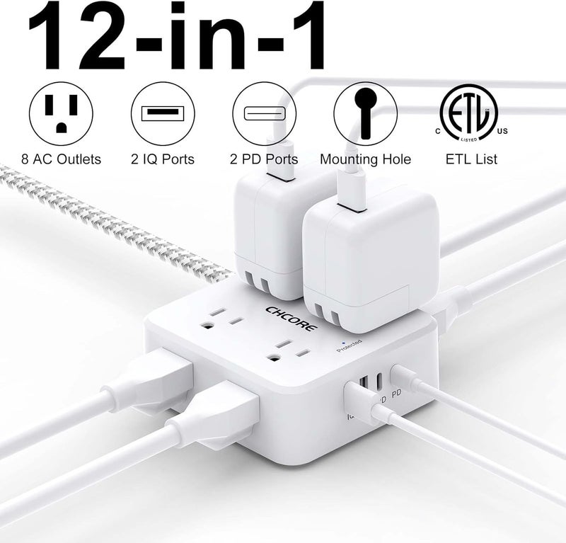 Core 5Ft Flat Plug Braided Extension Cord - Surge Protector Power Strip with 8 Outlets and 2 USB-C (PD 30W) Fast Charging Ports and 2 USB-A Ports for Home, Office, Dorm Room Essentials, ETL, White - Image 2